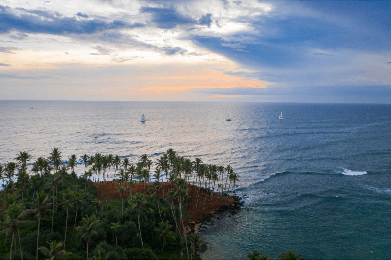 Mirissa harbour at dawn with catamaran and fishing boats