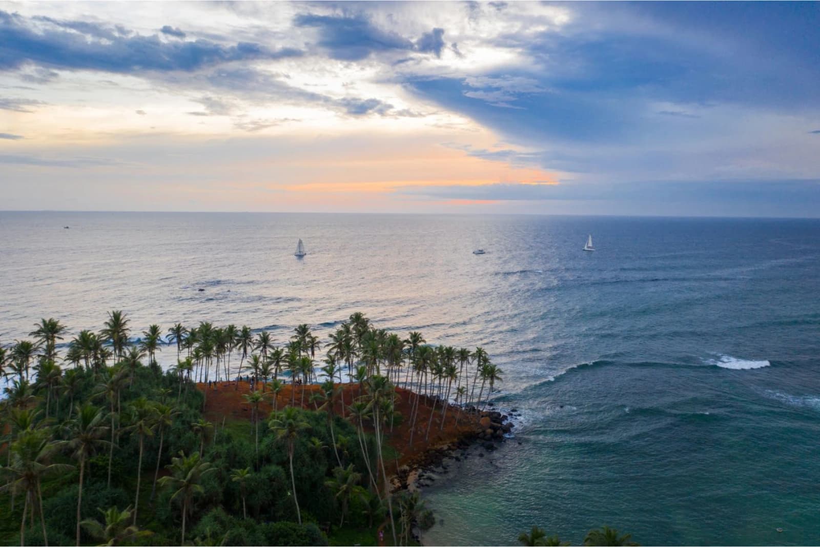 South Coast Sri Lanka at dawn, fishing boats and catamaran in a palm-lined bay